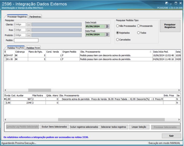 Rotina 2596 - Pedidos Rejeitados